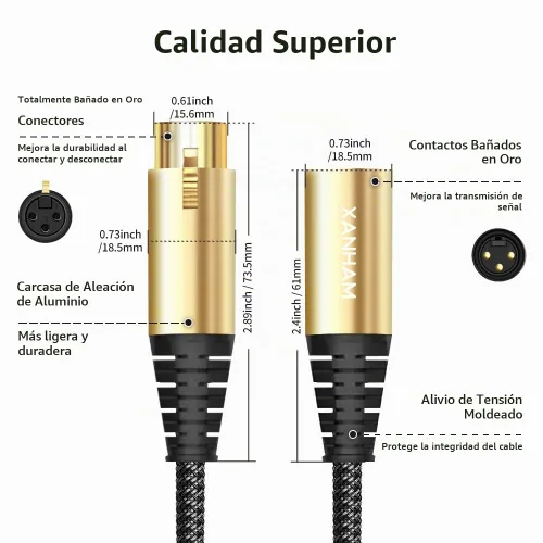 Vista 3 de Cable XLR de 3.3 pies/3.3 ft de micrófono de 3 pines hembra a macho, cable blindado equilibrado, trenzado de fibra con cable de micrófono de cobre