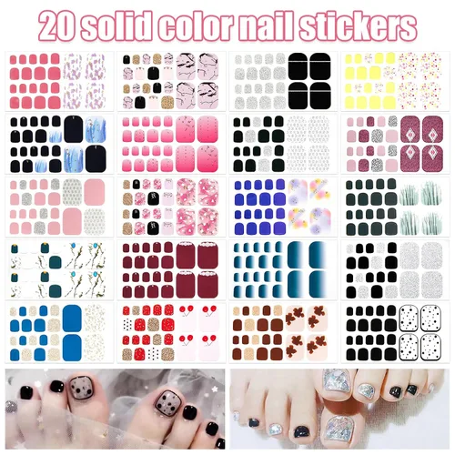 Vista 2 de 20 Hojas 440 Piezas Adhesivas Autoadhesivas para Uñas de Dedo del Pie, Láminas Completas para Mujeres y Niñas, Calcomanías de Uñas con Gradiente