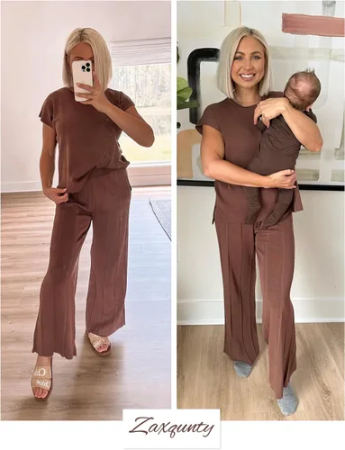 Vista 8 de Zaxqunty Conjuntos de 2 piezas para mujer, conjuntos de suéter, chaleco de punto, pantalones de cintura elástica