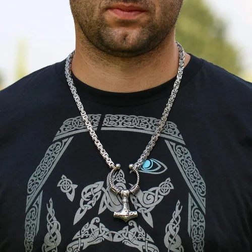 Vista 3 de VikingsBrand - Collar de cadena para hombre con colgante de Mjolnir y dos cuentas de estilo rústico