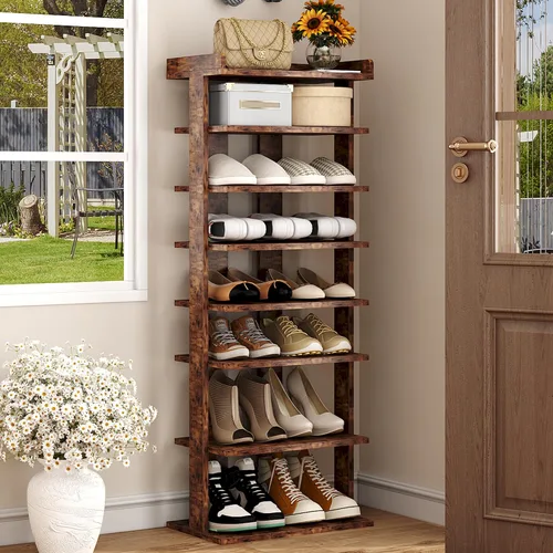 Vista 11 de HOMEFORT Zapatero vertical de 10 niveles, torre de zapatos de esquina, organizador de zapatos delgado con dos ganchos para colgar, soporte