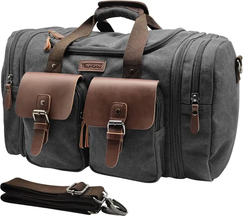 Vista 21 de Wildroad Bolsa de viaje de lona de 50L, bolsa de lona expandible de cuero genuino, bolsa de fin de semana mejorada para una noche, bolsa de mano