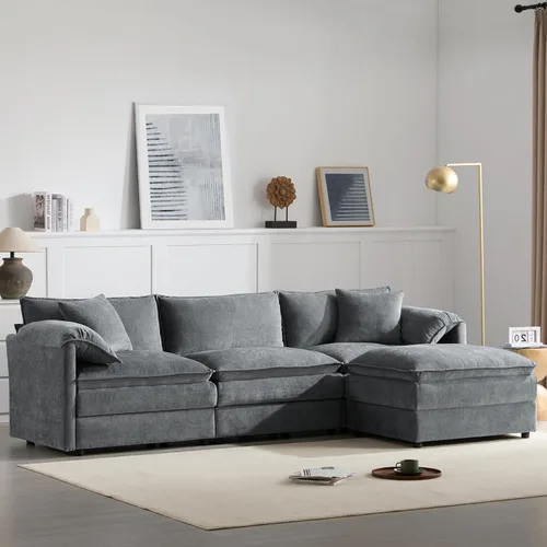 Vista 12 de Sofá modular modular en forma de L de 103.5 pulgadas para sala de estar, cómodos sofás de felpilla de 4 plazas con otomana móvil (crema)