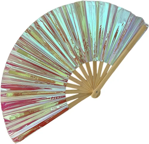 Vista 13 de Ventilador de mano plegable grande para hombres y mujeres, ventilador holográfico para mujeres, fiesta de baile, festivales, Halloween, EDM