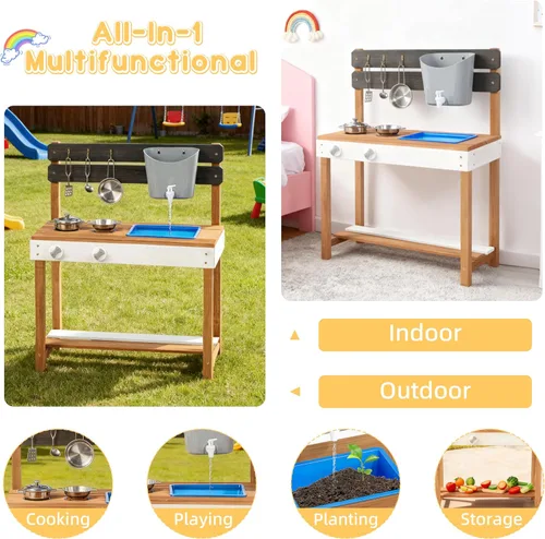 Vista 7 de Cocina de madera para niños, cocina de barro al aire libre con juego de agua y juguetes de cocina, juego en el patio trasero para niños de más de 3
