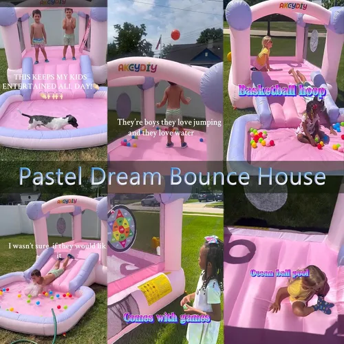 Vista 2 de AKEYDIY Pastel Dream Casa de Rebote para Niños de 3-10, Casa de Rebote de Agua de 161x82x63 pulgadas con Tobogán, Piscina de Pelotas/Foso