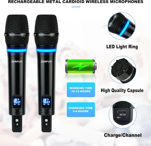 Vista 3 de Sistema de micrófono inalámbrico recargable profesional de 4 canales, auriculares de mano de metal UHF Lavalier con control VOL, frecuencia
