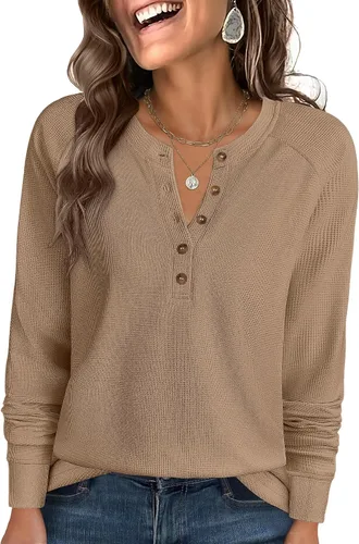 Vista 18 de ANRABESS Camisas de manga larga Henley de punto gofre para mujer Negro