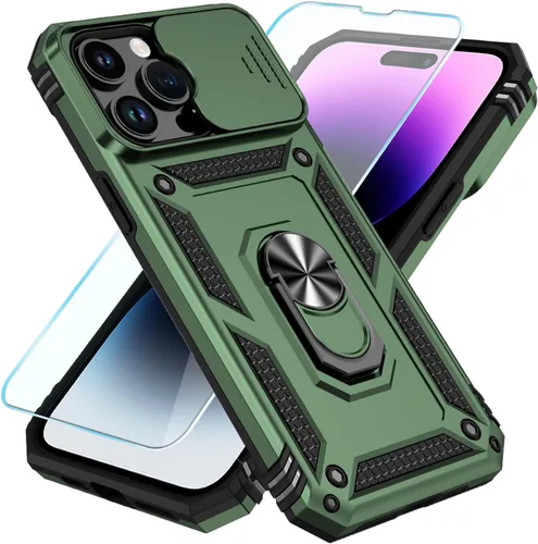 Vista 6 de SunStory Compatible con iPhone 13 Case/iPhone 14 Case con Protector de Pantalla HD y Cubierta de Cámara Deslizante y Soporte de Anillo Giratorio