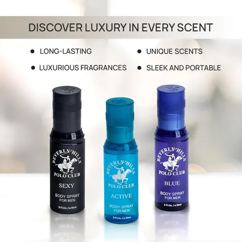 Vista 7 de Beverly Hills Polo Club Colección Signature Body Spray para hombre Juego de 3 piezas: azul, activo, sexy, fragancias versátiles para cada ocasión