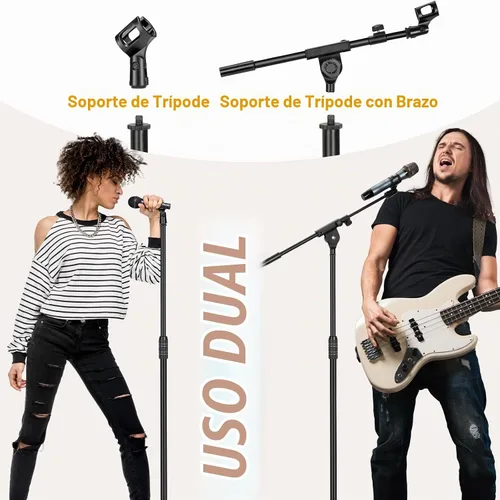 Vista 5 de CAHAYA Soporte de micrófono trípode de doble uso con brazo extensible y pie para micrófono portátil con bolsa de transporte y 2 clips para micrófono