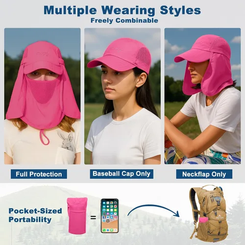 Vista 4 de Surblue Sombrero de pesca con solapa para el cuello, protección UV, protección UV, UPF50+ Rosa rojo