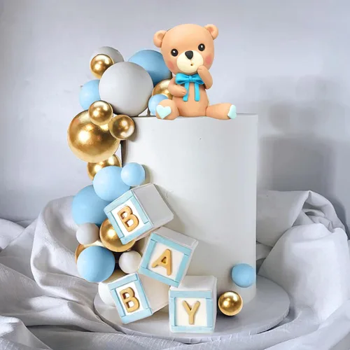 Vista 5 de Decoración para tartas de oso, decoración de pastel de oso con letras azules, esferas doradas y azules y blancas de perlas para suministros