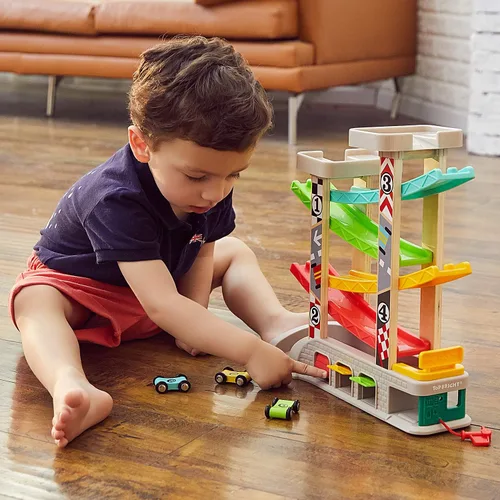 Vista 3 de TOP BRIGHT Juguete de rampa de coche para regalos de niños de 2 a 3 años, juguete de pista de carreras para niños de 18 meses con 4 autos de madera
