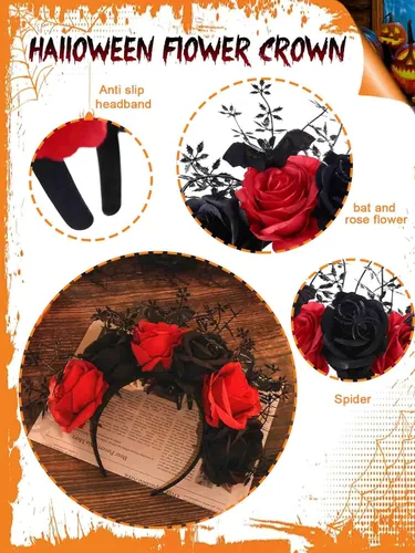 Vista 2 de Woeoe Diadema de Halloween FLower con diseño de araña, Día de los Muertos, diseño floral, para disfraz de murciélago y fiesta para mujeres y niñas