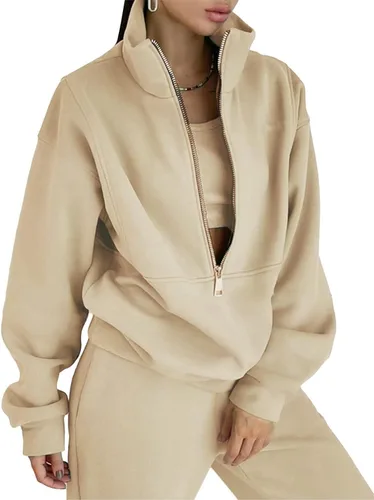 Vista 8 de PEHMEA Conjunto deportivo de 2 piezas de otoño para mujer, con forro polar, holgado, manga larga, media cremallera, cómodo conjunto de descanso