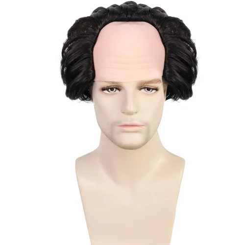 Vista 2 de IMEYLE Peluca corta y rizada negra para hombre, peluca calva loca con pelo en los lados, para niños, anciano, divertida peluca para adultos, peluca