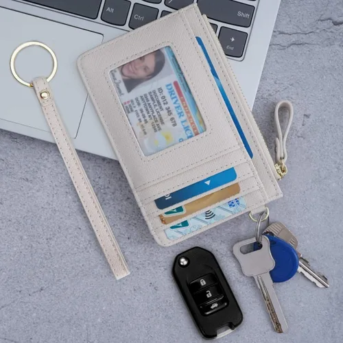 Vista 6 de Estuche Delgado para Tarjetas RFID para Mujer con Correa de Muñeca, Cartera con Cremallera para ID, Cartera de Cuero Pequeña, Monedero con Llavero