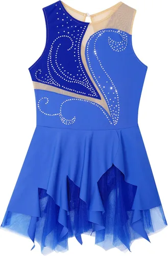 Vista 2 de JEATHA Disfraz de ballet brillante con diamantes de imitación para niños, sin mangas, falda de patinaje sobre hielo, vestido de leotardo de gimnasia