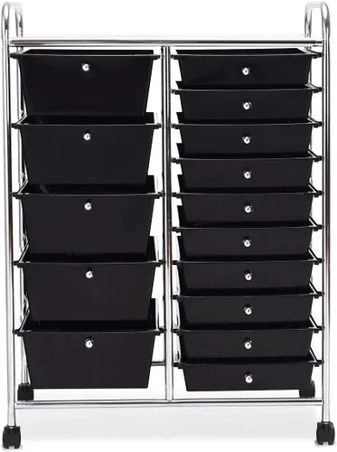 Vista 14 de Carrito de almacenamiento rodante de 15 cajones, carrito de utilidad móvil con ruedas con candado, cajones, carrito organizador multiusos para Negro