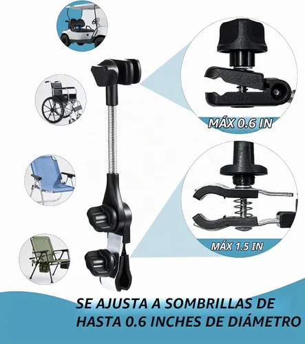Vista 7 de Accesorio universal ajustable para sombrilla de cochecito de 360°, soporte de paraguas para sillas, bicicletas y sillas de ruedas, abrazadera