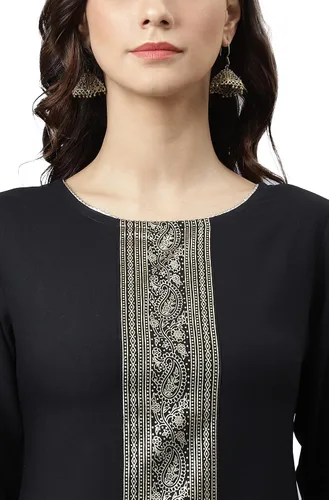 Vista 8 de Janasya Kurta recta de rayón negro para mujer india