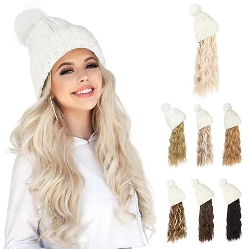 Vista 11 de Flufymooz Gorro con peluca, extensión de pelo con gorro de piel sintética con pompón largo ondulado rizado, peluca con gorro adjunto de 20 pulgadas
