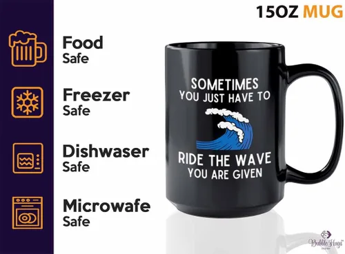 Vista 3 de Taza de café de surf de 15 onzas, color negro, paseo la ola, regalos para entusiastas del surf, deportes acuáticos, tabla de surf, atletismo