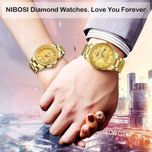 Vista 2 de NIBOSI Relojes para parejas, diamantes de lujo, para hombres y mujeres, para él y para ella, juego de relojes para marido, esposa, San Valentín