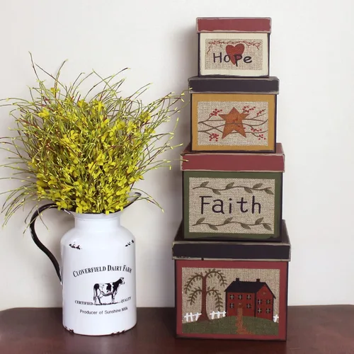 Vista 3 de CVHOMEDECO. Square Primitives - Juego de 4 cajas de cartón coleccionables vintage Hope Faith Star House (8 x 8 x 7 pulgadas de alto)