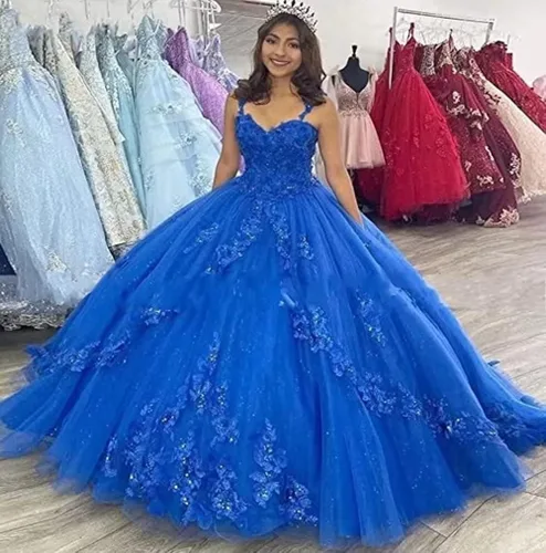 Vista 5 de Mauuwy Elegante vestido de quinceañera de tul con tirantes delgados, vestido de baile largo con apliques de encaje para mujer, Y86