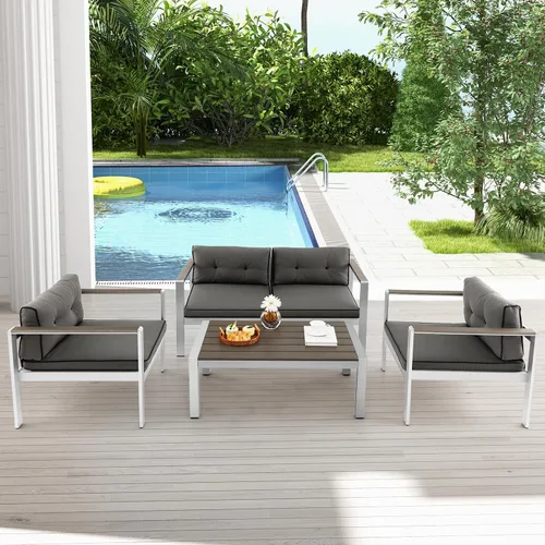 Vista 8 de Tangkula Mesa de centro de aluminio para exteriores, moderna mesa de cóctel rectangular con mesa de madera de plástico y marco de aluminio