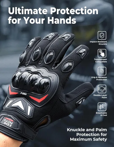 Vista 2 de KEMIMOTO - Guantes de motocicleta para hombre, guantes de ciclismo para pantalla táctil, para deportes al aire libre, en carretera, vehículo Negro