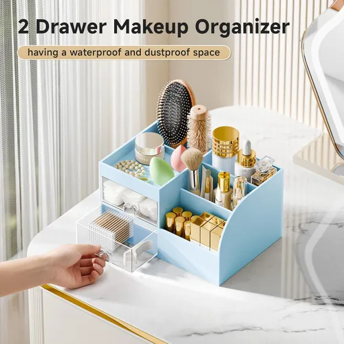 Vista 5 de Organizador de maquillaje con 2 cajones, organizadores de maquillaje para encimera de tocador y baño, organización de maquillaje y almacenamiento