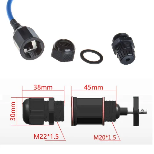 Vista 4 de 2 unids M20 RJ45 impermeable Cat5/5e/6 8P8C conector IP67 Ethernet LAN Cable Conector doble cabeza con escudo Cat6 Cable de red LAN al aire libre