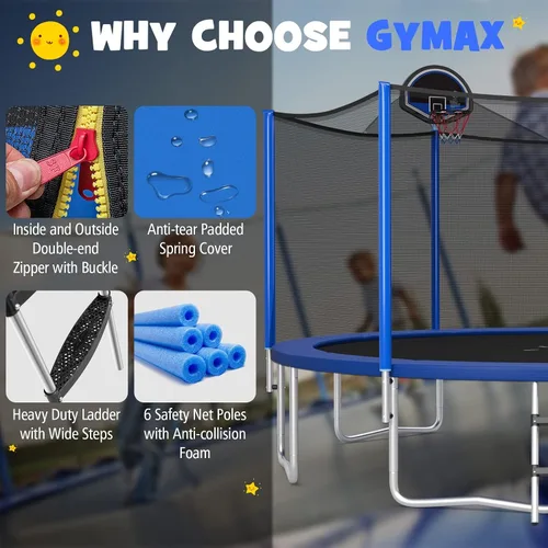 Vista 5 de GYMAX Trampolín para niños, aprobado por ASTM de 12 pies, 14 pies, 15 pies, 16 pies, trampolín recreativo para niños pequeños con red de cierre, aro