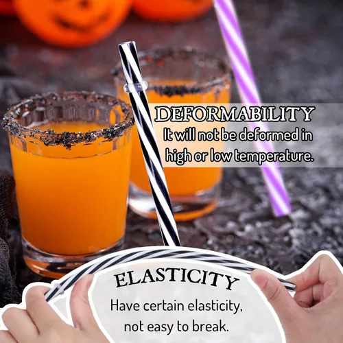 Vista 4 de Whaline 60 popotes de plástico reutilizables para Halloween con 2 cepillos de limpieza para pajillas, color naranja, morado, negro, rayas
