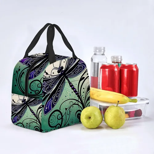 Vista 8 de OOZ Lonchera térmica para mujeres y hombres, para el trabajo, linda libélula en negro y morado, reutilizable, a prueba de fugas, para adultos, bolsa