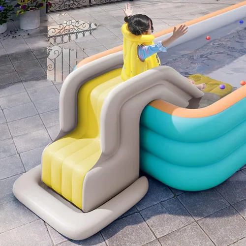 Vista 3 de Tobogán acuático inflable, lado extendido y base ampliada, pared de escalada compacta con soporte de baloncesto, diversión de verano al aire libre