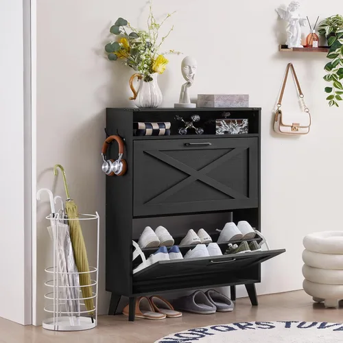 Vista 8 de Joaxswe Gabinete de Almacenamiento de Zapatos con 2 Cajones Abatibles, Organizador Estilo Granja para Entrada, Estante Oculto Estrecho con Patas