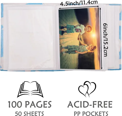 Vista 2 de Álbum de fotos pequeño para niños, 100 bolsillos 4x6, álbum de fotos de bebé para estantería, libro de fotos con cubierta de lino deslizable