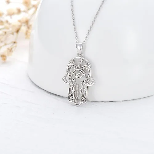 Vista 4 de PELOVNY Collares para mujer, regalo para el día de la madre, collar de plata de ley 925, colgante de mano de Fatima, árbol de fatima, elefante