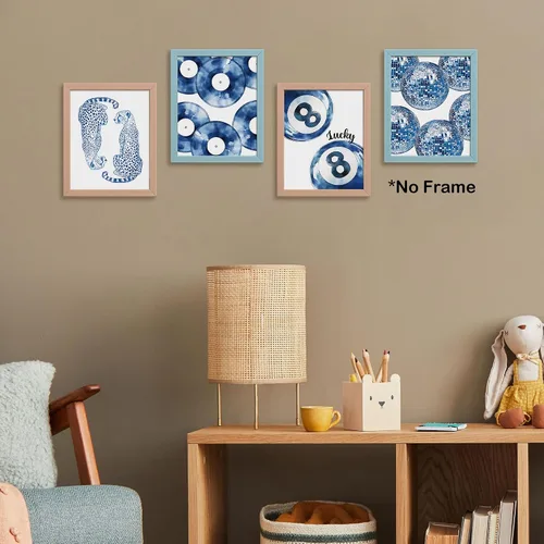 Vista 5 de TLESKE Pósteres Azules Preppy de Guepardo Lucky 8 Balls Impresiones Sin Marco de 8x10 Juego de 4, Impresiones Artísticas de Pared de Bolas de azul