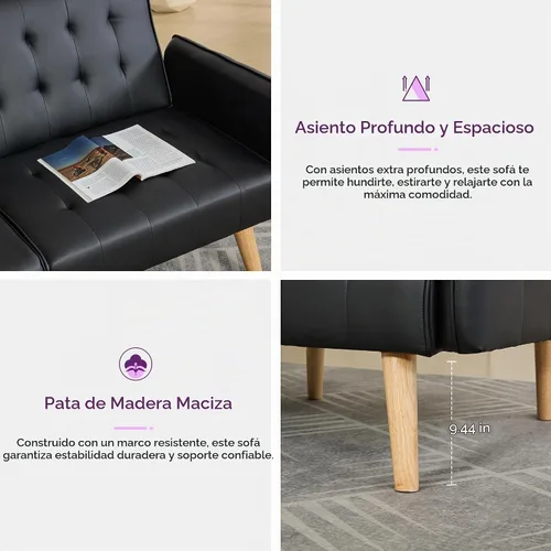 Vista 6 de TYBOATLE Sofá Cama Futón Plegable Convertible de Cuero Sintético de 65'' con 2 USB, Sofá de Dos Plazas para Espacios Pequeños, Apartamento