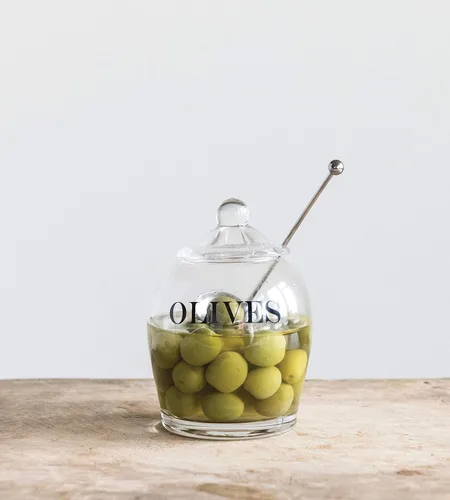 Vista 2 de Creative Co-Op Tarro de cristal transparente "OLIVE" con tapa y cuchara ranurada de acero inoxidable (juego de 3 piezas, incluye tapa)