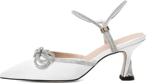 Vista 2 de Joseywade Tacones de lazo con diamantes de imitación para mujer, tacón bajo puntiagudo, correa de tobillo ajustable, zapatos de fiesta nupcial