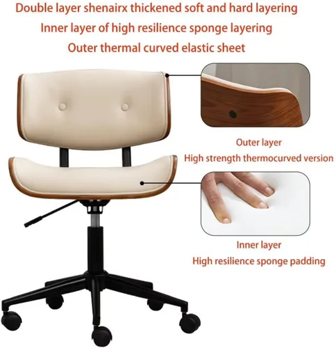 Vista 5 de Silla de oficina en casa con ruedas, silla de oficina cómoda y suave, sin brazos, silla de oficina tapizada, silla de computadora giratoria moderna
