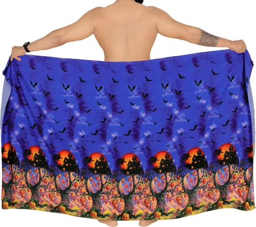 Vista 5 de HAPPY BAY Pareo para hombre, diseño de calabaza aterradora de Halloween, traje de baño, pareo de verano para hombres, talla única, árbol embrujado