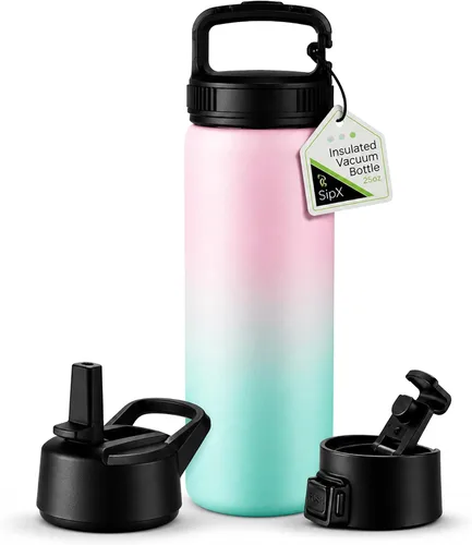 Vista 128 de SIPX™ Botella de Agua Aislada de 18 oz con 3 Tapas – Acero Inoxidable a Prueba de Fugas, Triple Aislamiento – Frío 24 Horas/Caliente 12 Horas – Negro