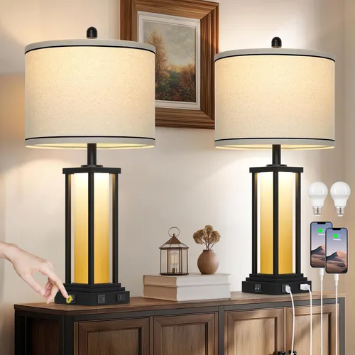 Vista 12 de 27in Tall Farmhouse Table Lamp with USB C+A & Outlet,Black Industrial End Table Lamp for Living Room,Vintage Rustic Bedside Lamp with Night Light
